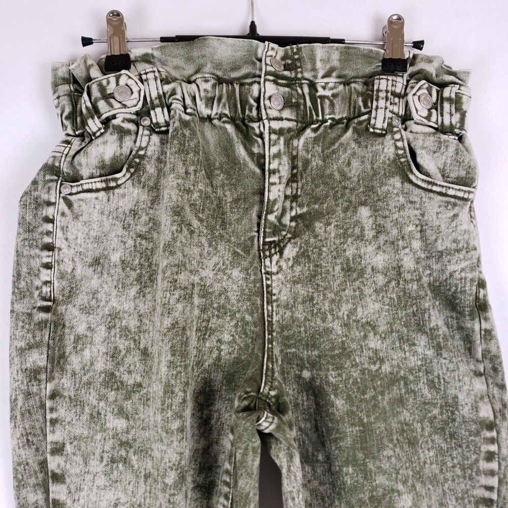 Almost‎ Famous Acid Wash Paperbag Waist Jeans Women M Green Tapered Grunge Y2K - Picture 2 of 10